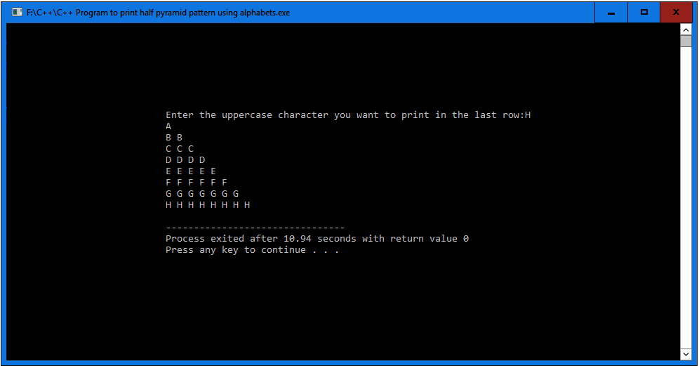 C++ Program to print half pyramid pattern using alphabets