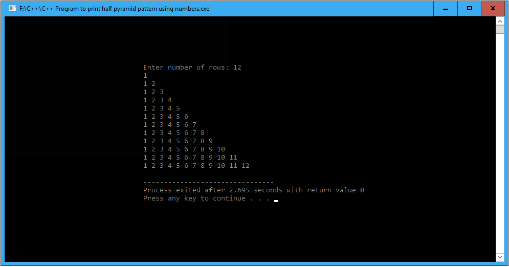 C++ Program to print half pyramid pattern using numbers