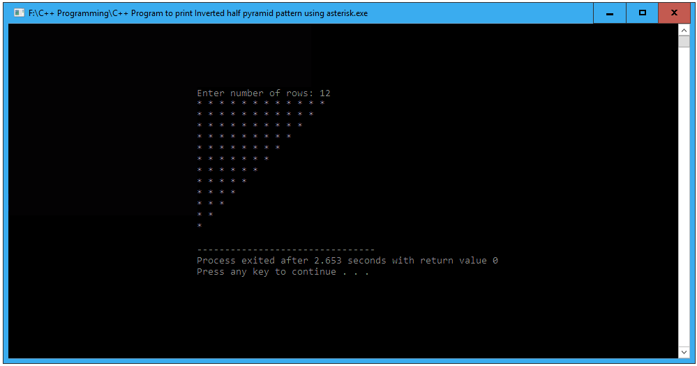 C++ Program to print Inverted half pyramid pattern using asterisk